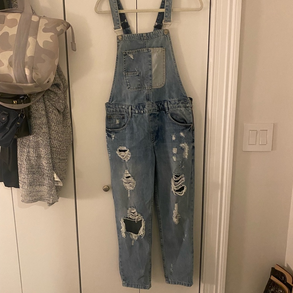 Zara Distressed Denim Overalls